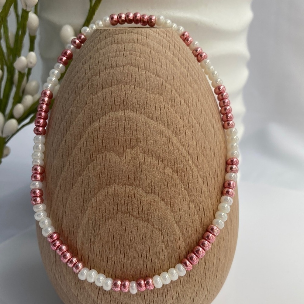 𝅺STRETCH Beaded Anklet Pearl and Pink